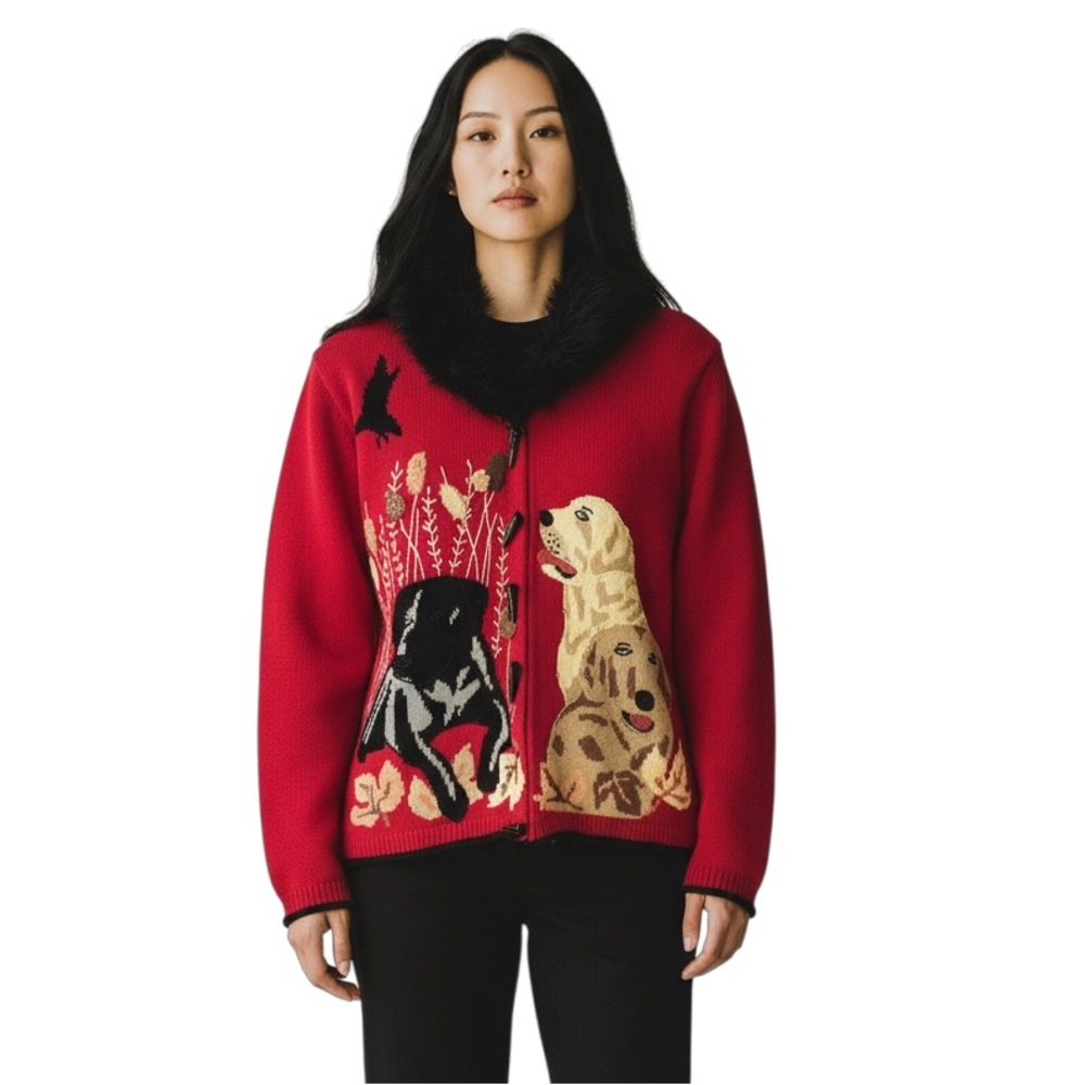 Storybook Knit Cardigan With Dogs Black & Yellow Labradors Red womens XS